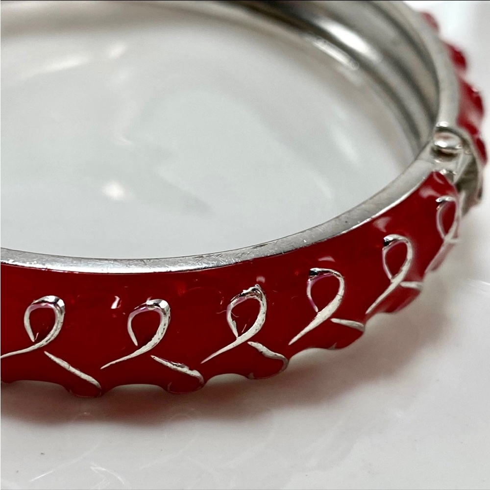 Bracelet, Red Enamel  Silver Tone, Vintage Hinged